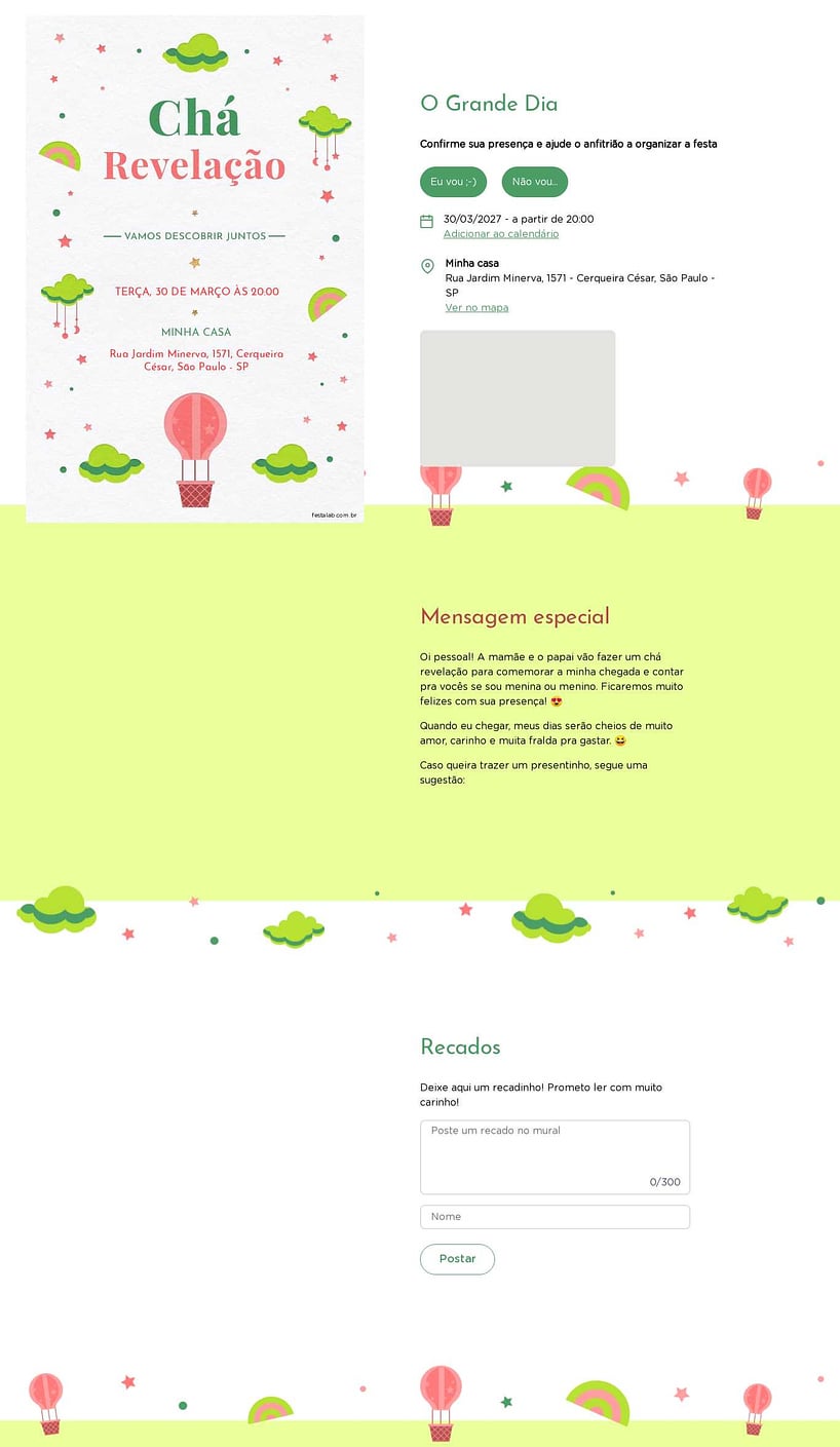 Convite Online Chá revelação - Nuvens verde | FestaLab