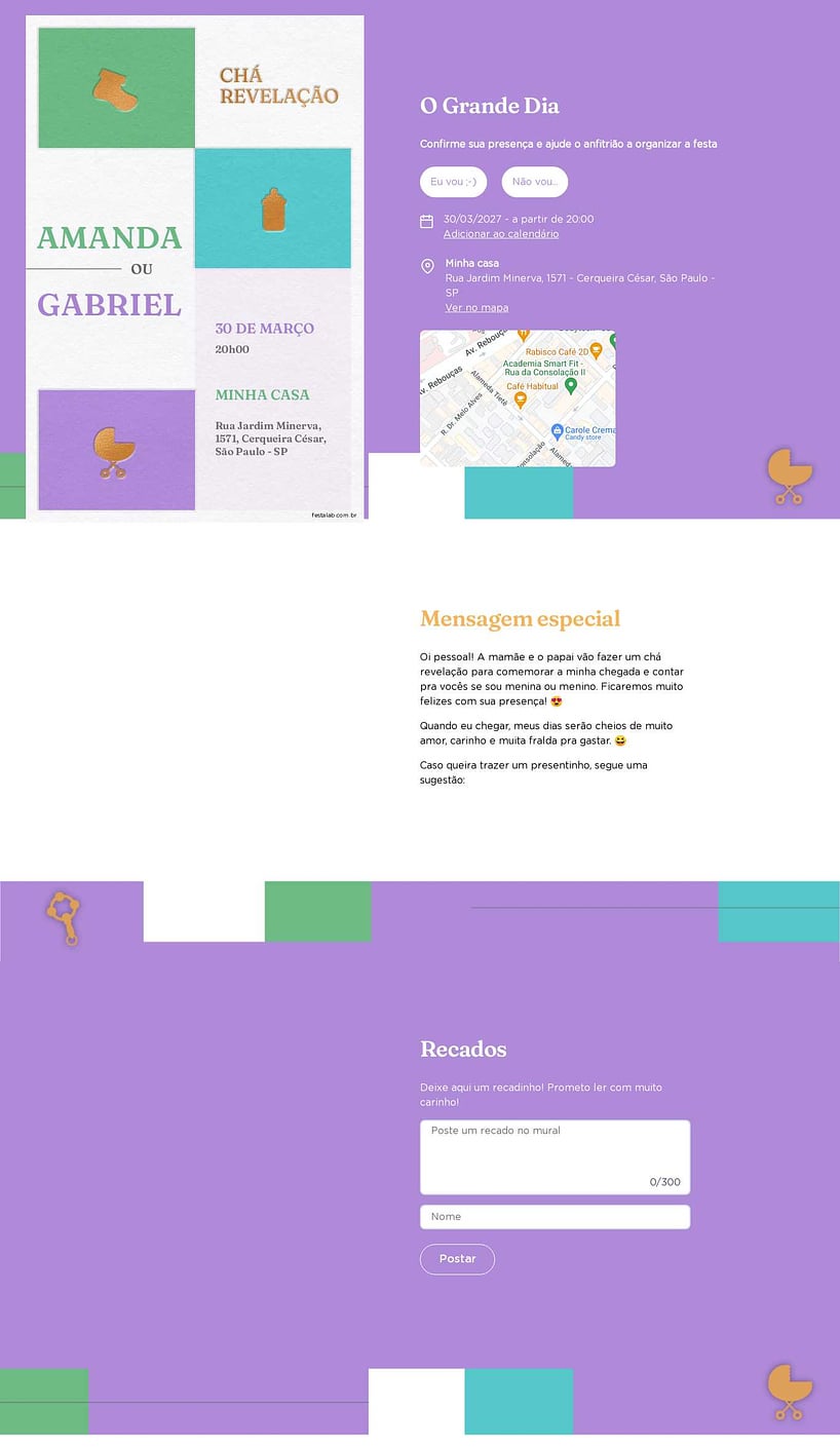 Convite Online Chá revelação - Quadrinhos Lilas e Verde | FestaLab