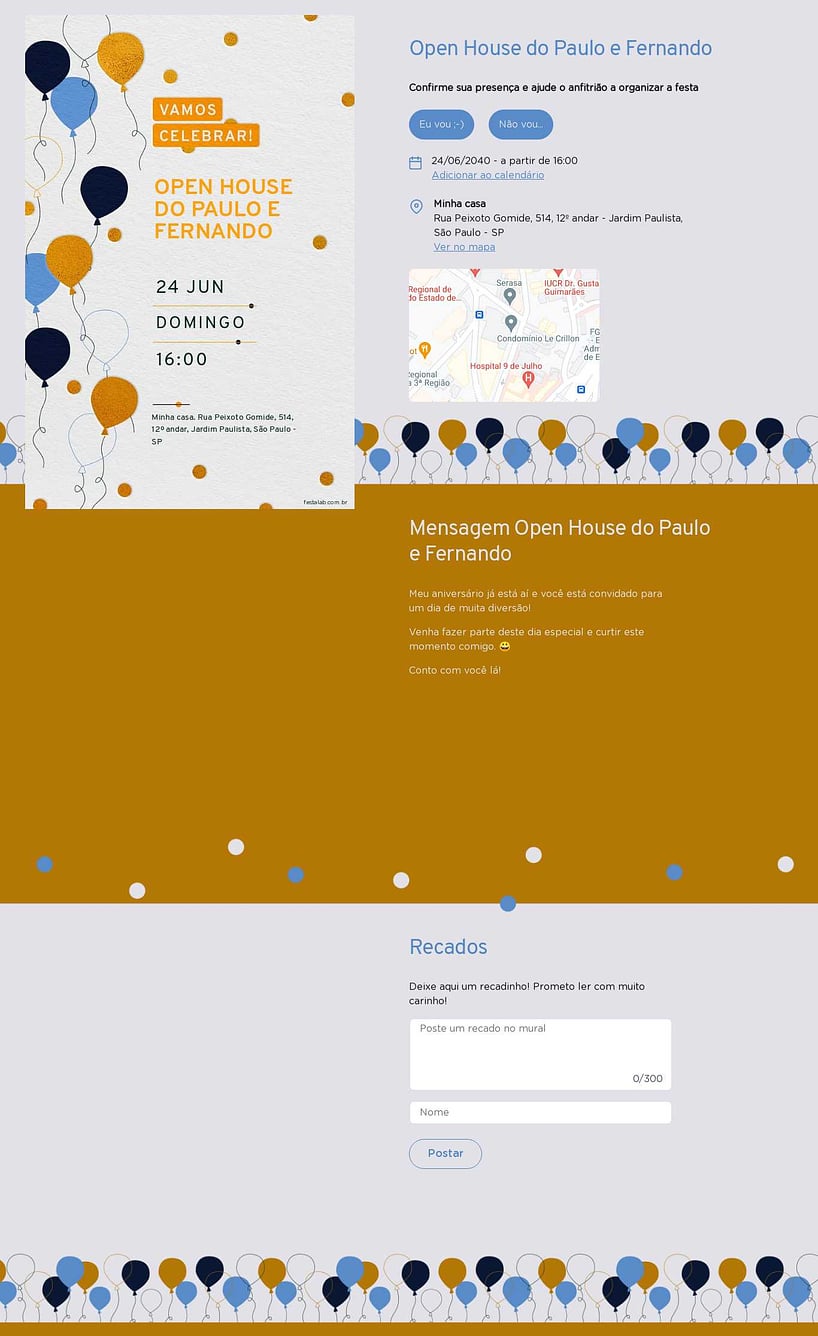 Convite Online Ocasiões especiais - Balões Azul e Amarelo | FestaLab