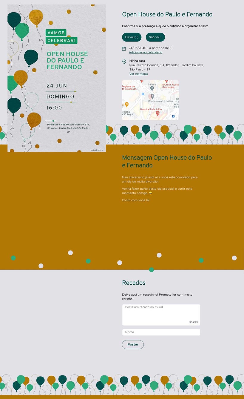 Convite Online Ocasiões especiais - Balões Verde e Amarelo | FestaLab