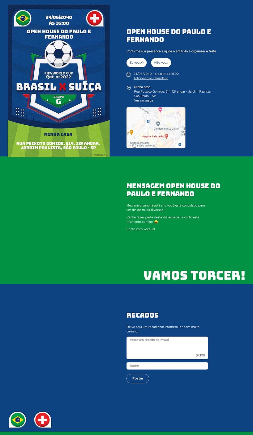 Convite Online Ocasiões especiais - Brasil x Suiça | FestaLab