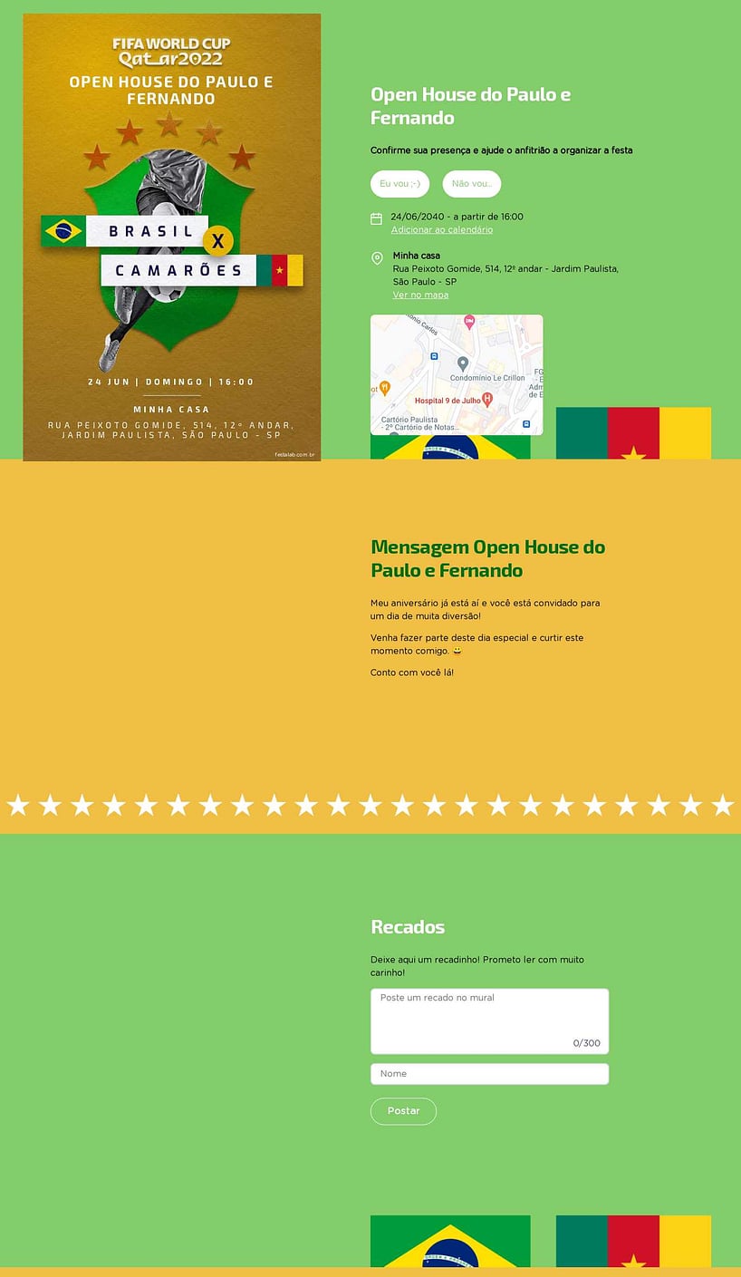 Convite Online Ocasiões especiais - Brasil x Camarões | FestaLab