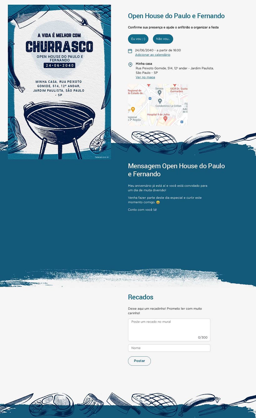 Convite Online Ocasiões especiais - Churrasco na grelha azul | FestaLab