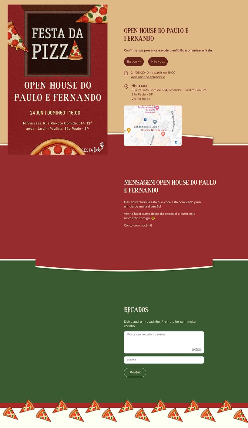 Convite Online Ocasiões especiais - Festa da Pizza | FestaLab