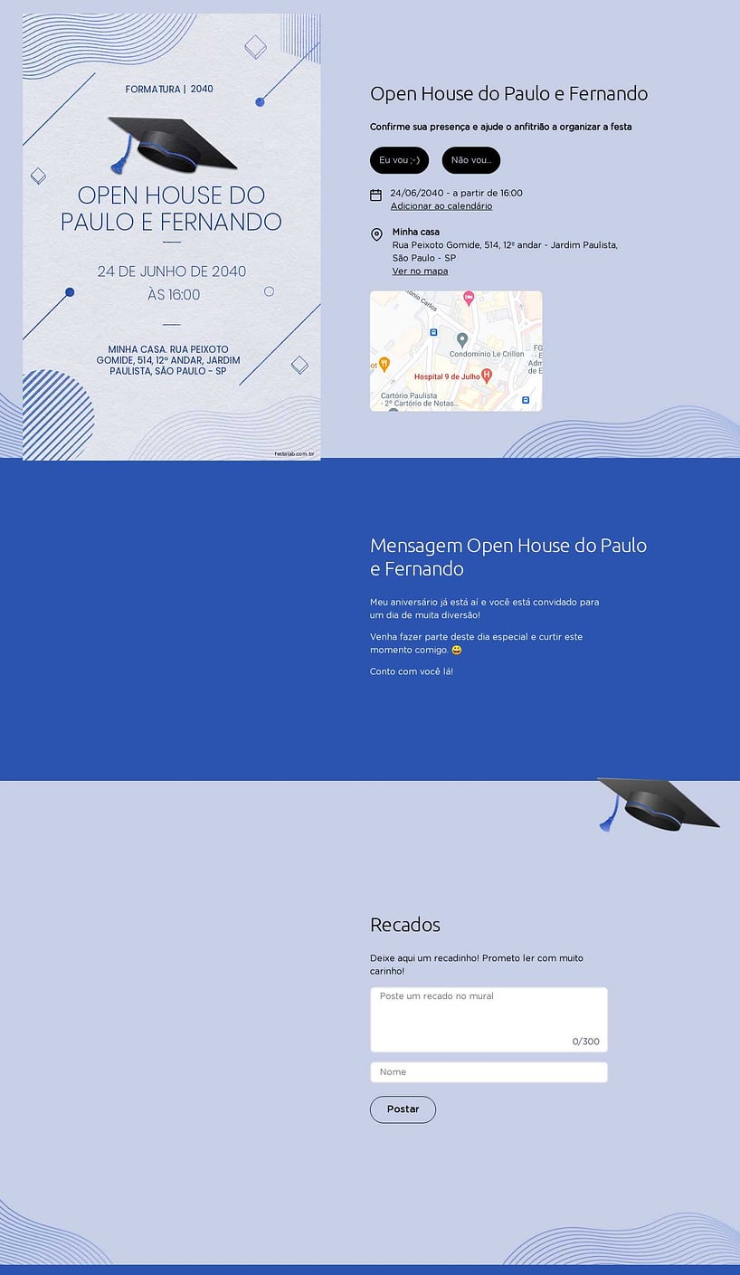 Convite Online Ocasiões especiais - Formatura Minimalista azul | FestaLab