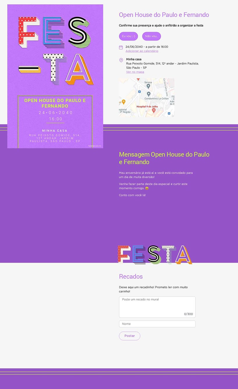 Convite Online Ocasiões especiais - Letras Festivas cor roxa | FestaLab