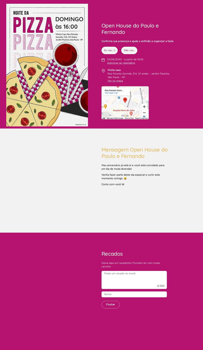 Convite Online Ocasiões especiais - Noite da Pizza Rosa | FestaLab