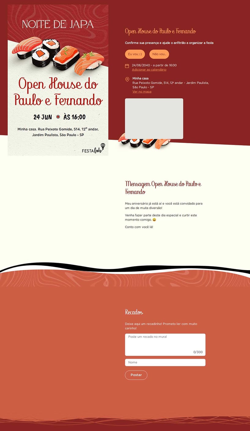 Convite Online Ocasiões especiais - Noite de Japa Vermelho | FestaLab