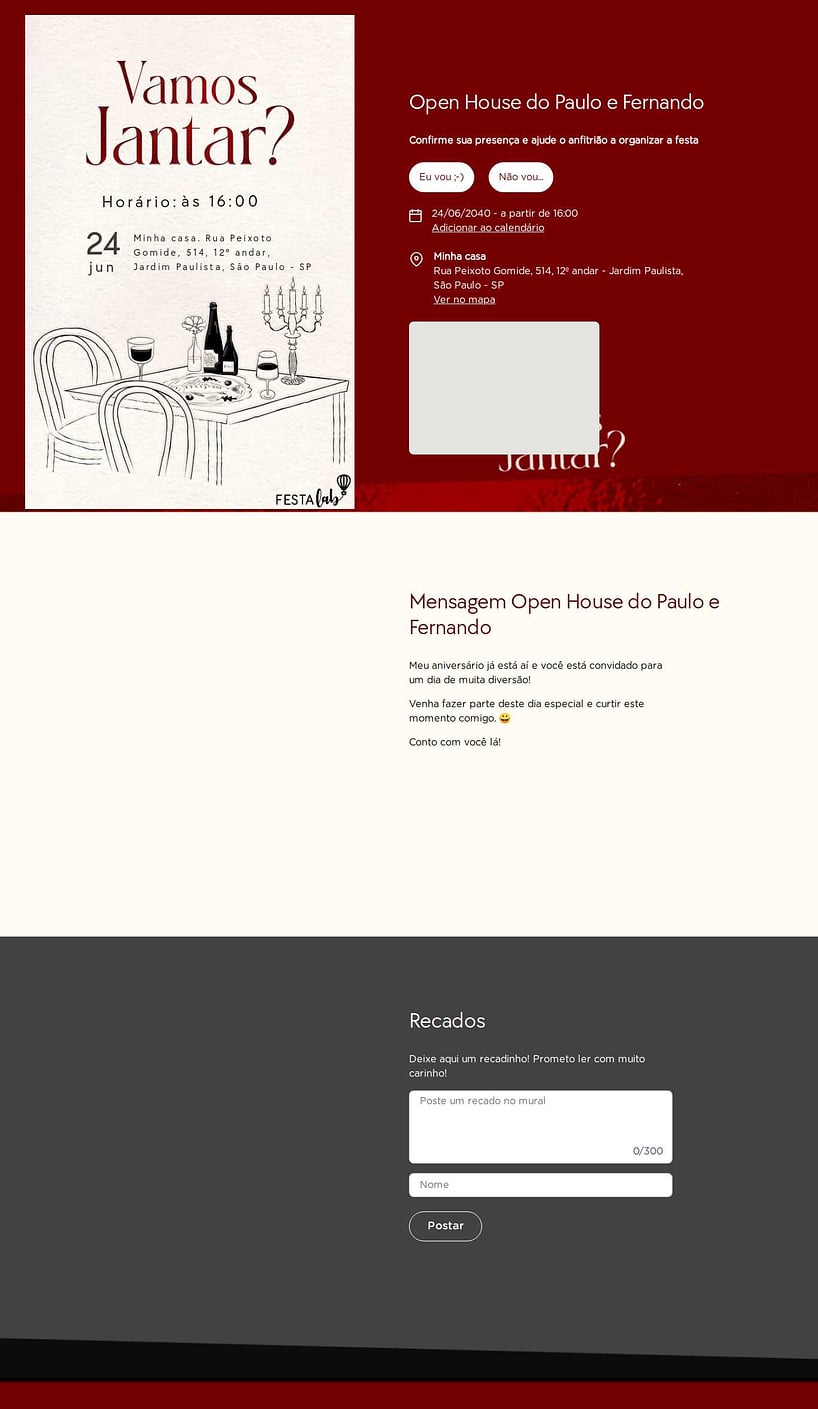 Convite Online Ocasiões especiais - Vamos Jantar? | FestaLab