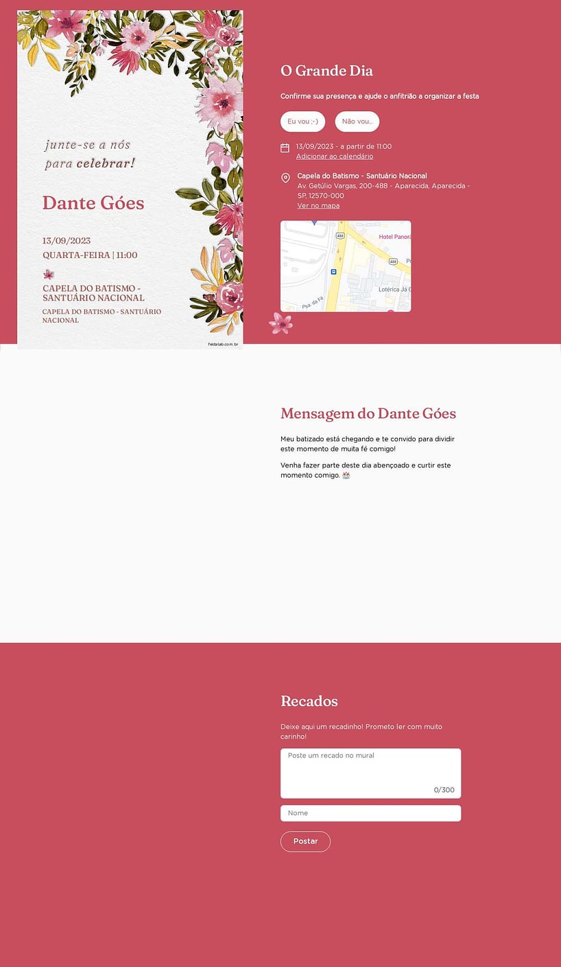 Convite Online Primeira comunhão - Floral rosado | FestaLab