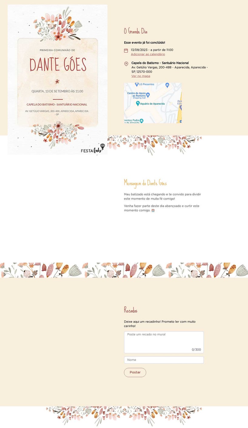 Convite Online Primeira comunhão - Flores de campo | FestaLab