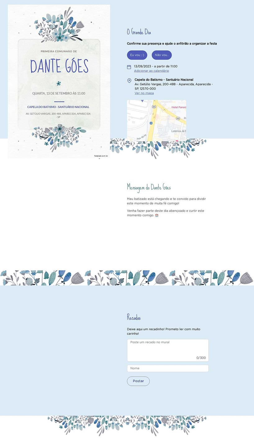 Convite Online Primeira comunhão - Flores de campo azulado | FestaLab