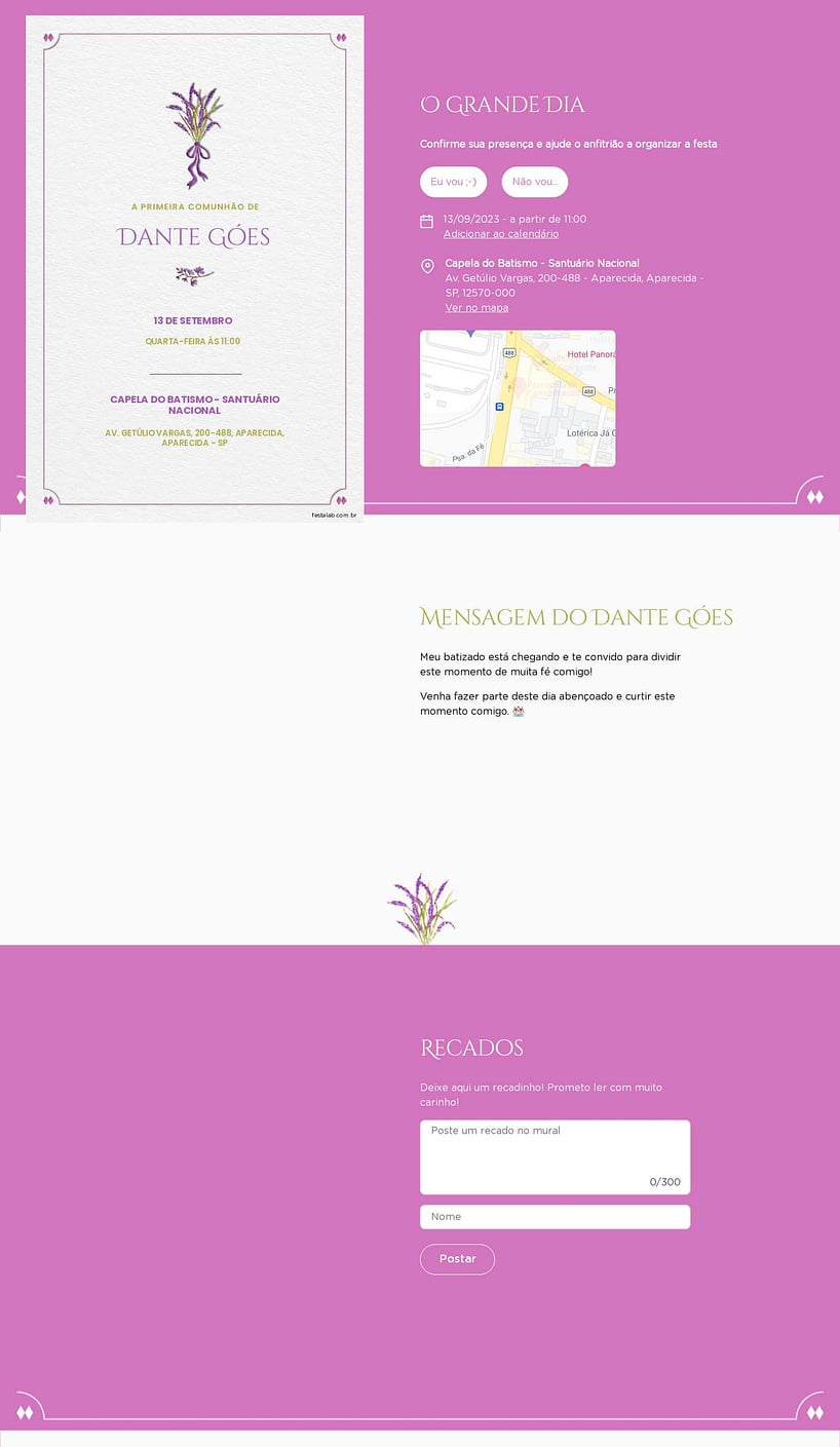 Convite Online Primeira comunhão - Ramo de flores lilas | FestaLab